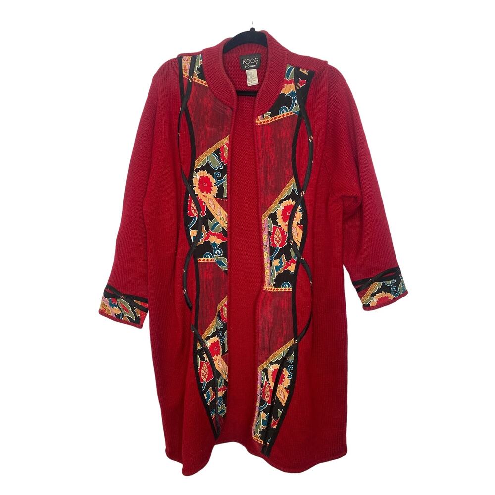 KOOS of Course! Red Open Cardigan Applique Sweater Silk Wool Sz 1X Asian Kimono